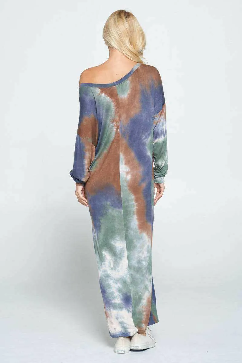 Tie Dye Long Sleeve Maxi Dress with Cuffed Sleeve