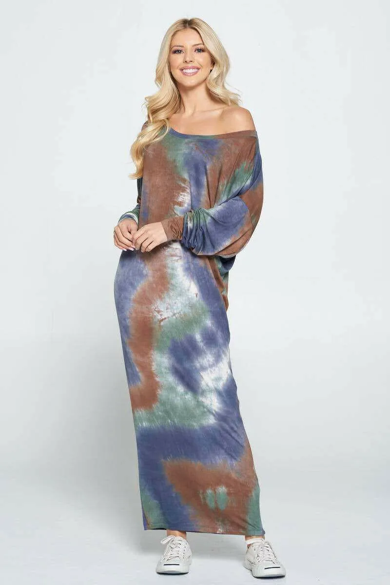 Tie Dye Long Sleeve Maxi Dress with Cuffed Sleeve