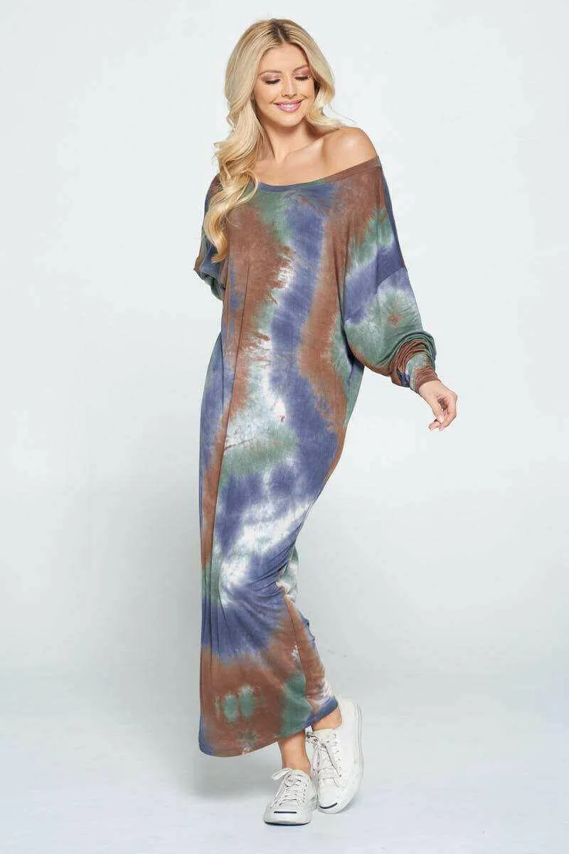 Tie Dye Long Sleeve Maxi Dress with Cuffed Sleeve