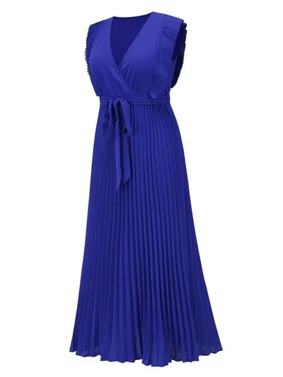 Tied Surplice Cap Sleeve Pleated Dress