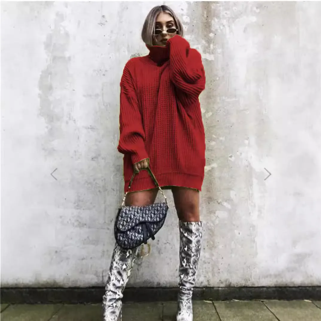 Toleet winter outfits women Autumn and Winter New Knitwear Mid-Length Long Sleeve High Lapel Loose Sweater Solid Color Dress