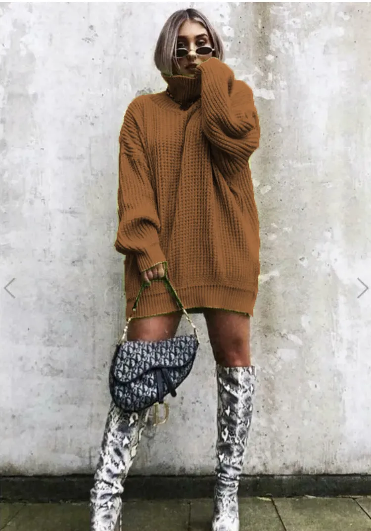 Toleet winter outfits women Autumn and Winter New Knitwear Mid-Length Long Sleeve High Lapel Loose Sweater Solid Color Dress