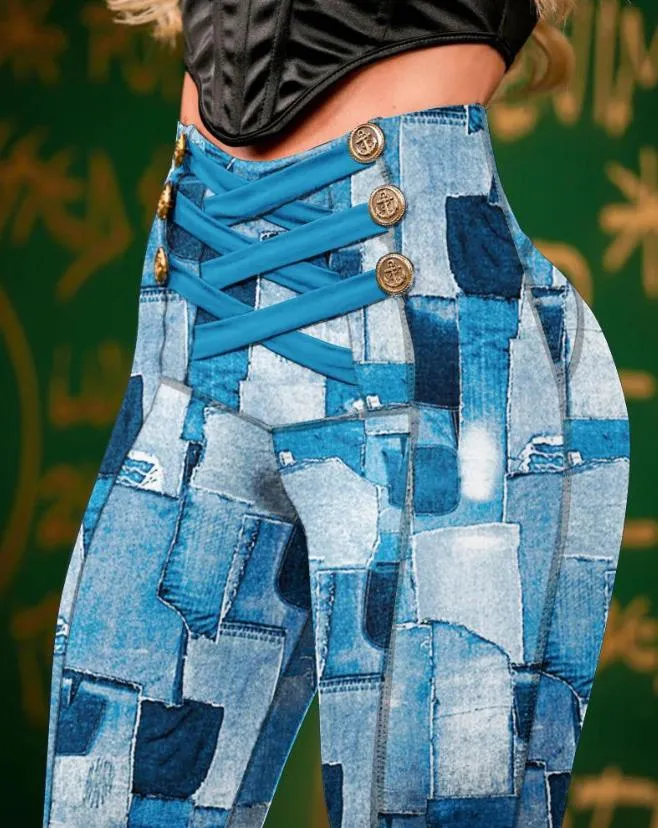 Trendy High Waist Denim Patchwork Pants