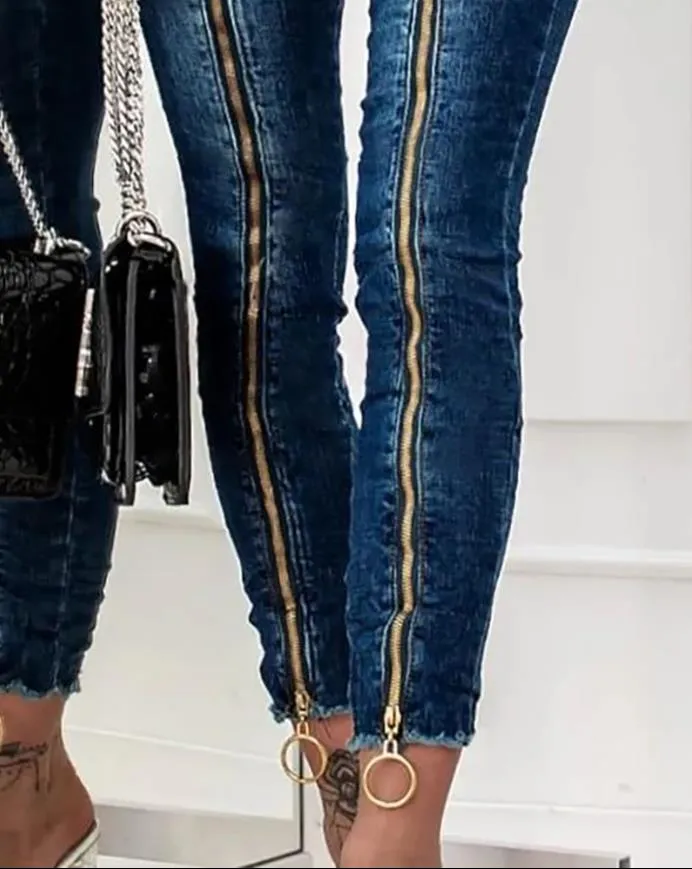 Trendy High Waist Denm Zipper Pants