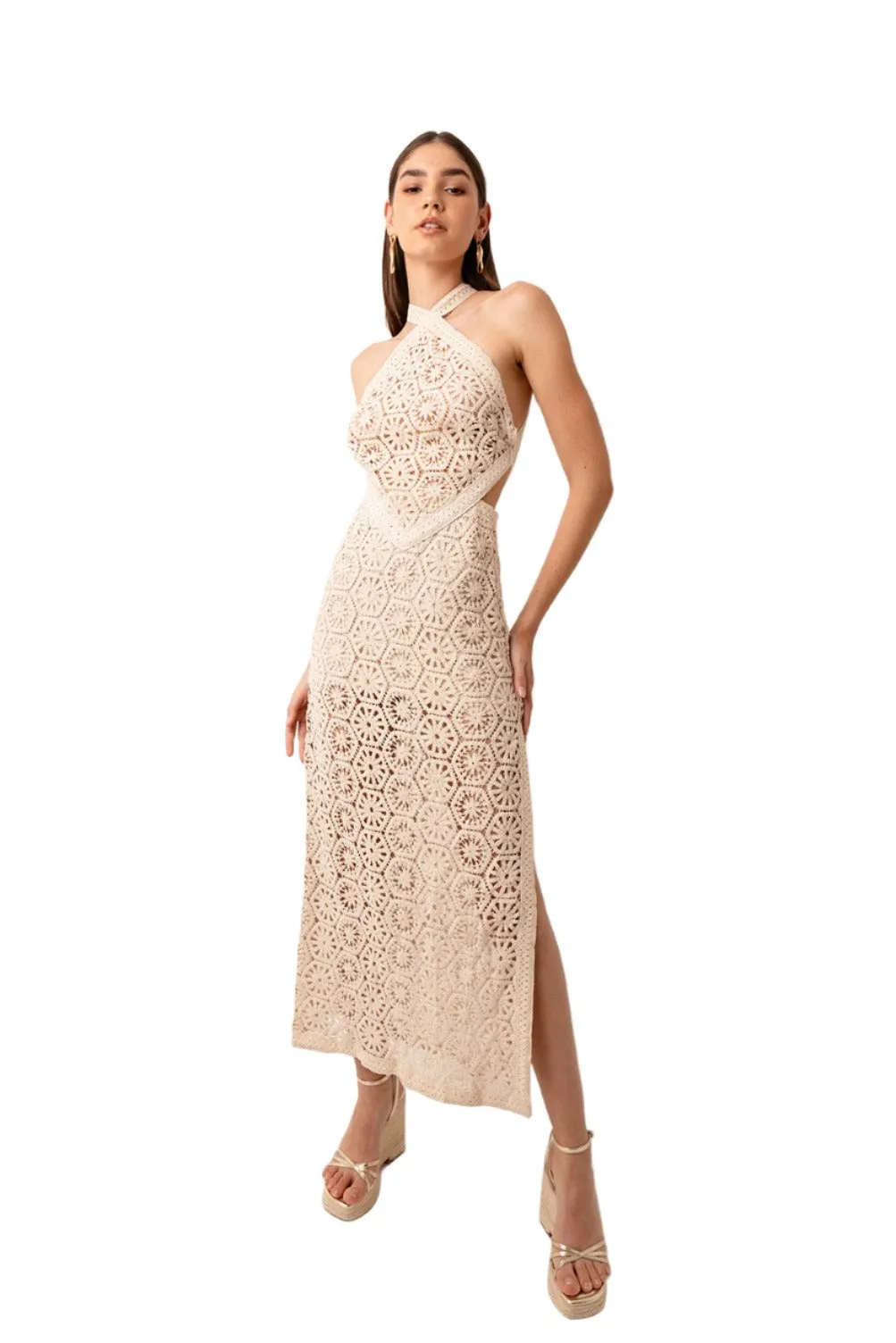 Tuscany Crochet Lace Cut Out Halter Maxi Dress