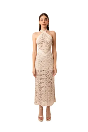 Tuscany Crochet Lace Cut Out Halter Maxi Dress