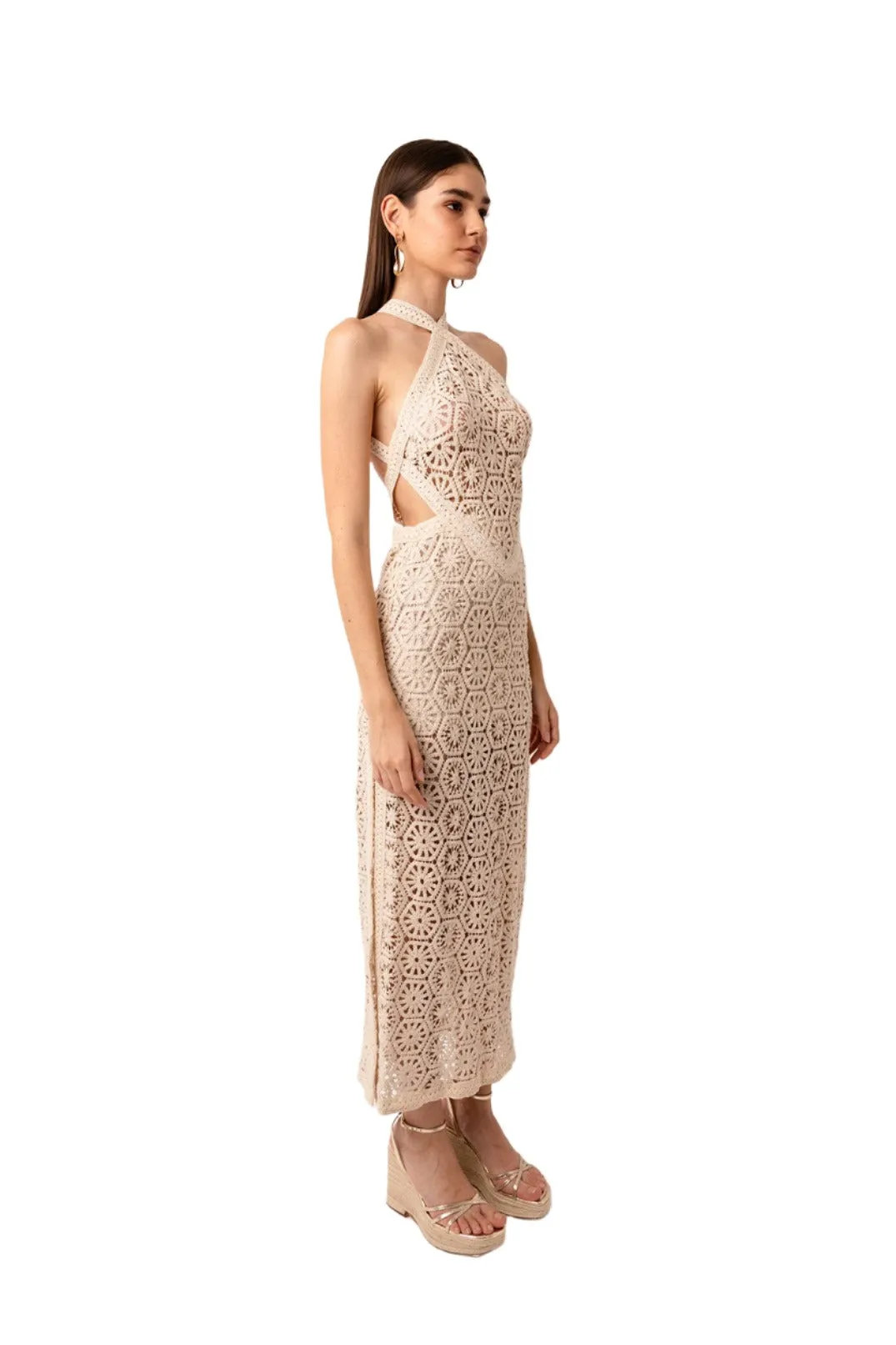 Tuscany Crochet Lace Cut Out Halter Maxi Dress