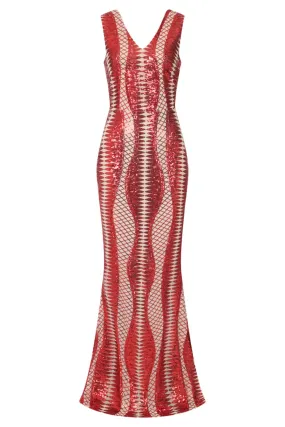 Twilight Red Nude Sequin Bandage Cage Bodycon Maxi Mermaid Dress