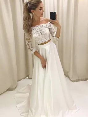 Two Pieces Off the Shoulder 3/4 Sleeves Lace Top White Prom, Off Shoulder Long Sleeves White Formal, Lace White Evening