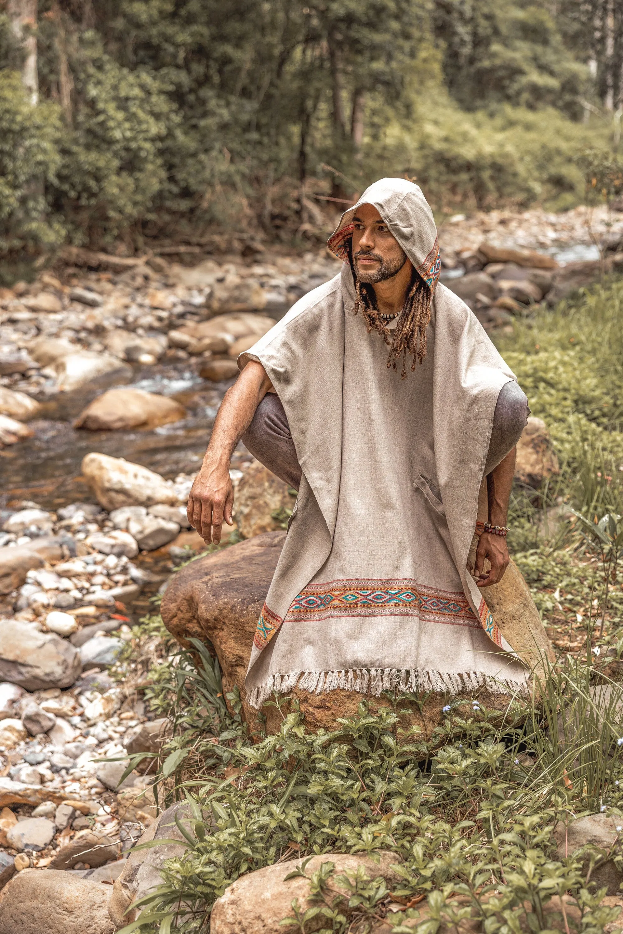 UPEKKHA Grey Mens Hooded Poncho Long Cashmere and Acrylic Wool with Tribal Embroidery, Large Hood, Pockets, Hippie, Primitive, Boho, AJJAYA