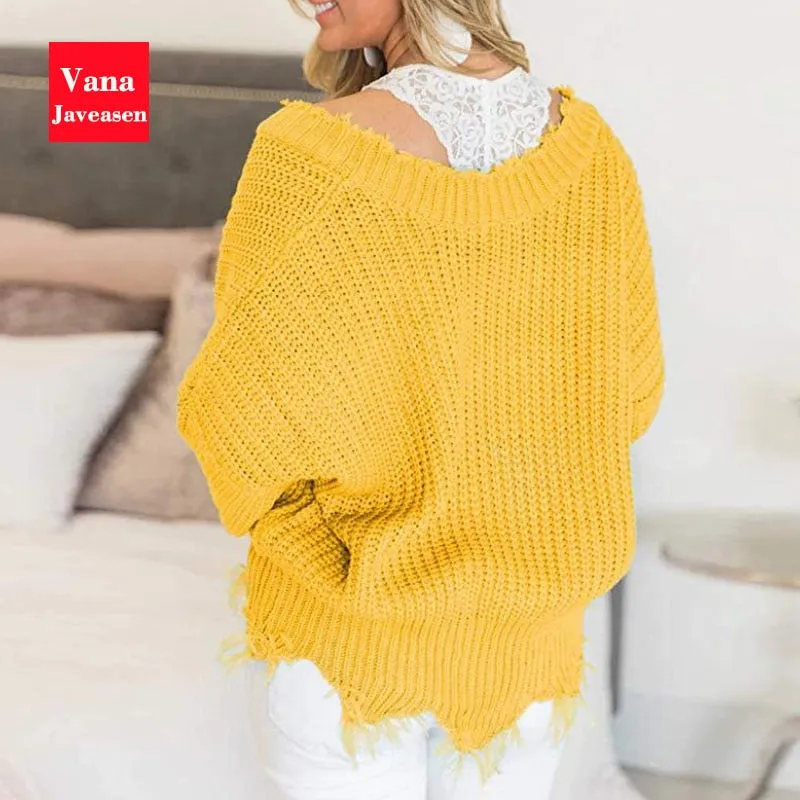 Vana Javeasen Off The Shoulder Autumn Sweater For Women Fringe Distressed Knitted Female Tops Long Sleeve Pullover Sweaters