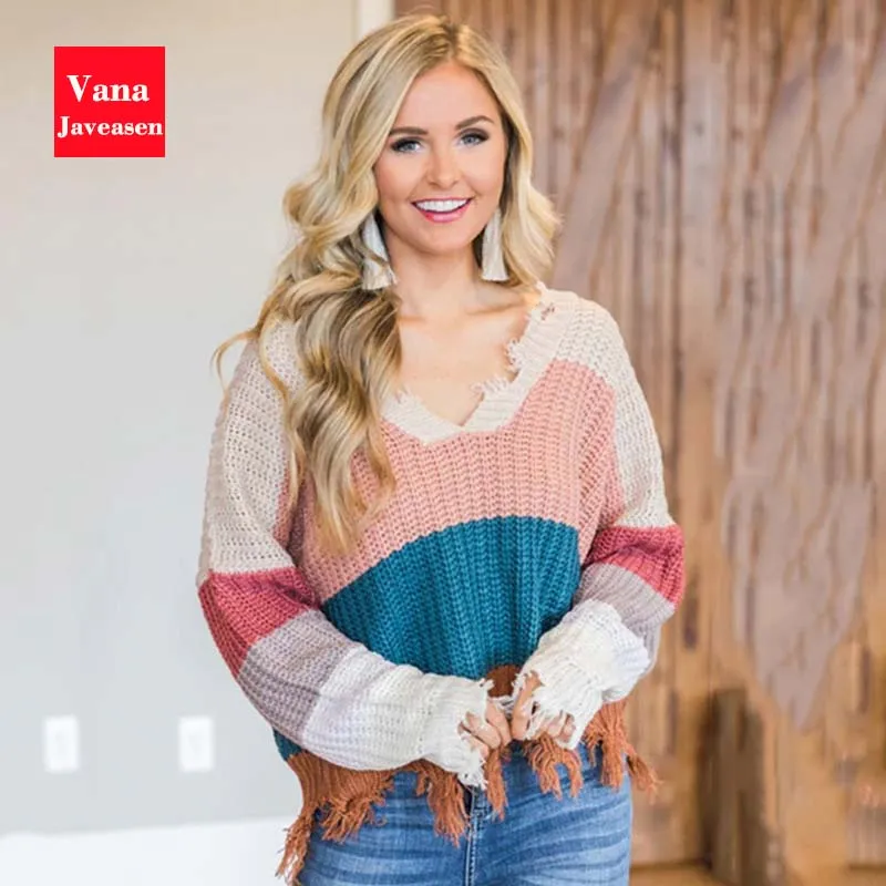 Vana Javeasen Off The Shoulder Autumn Sweater For Women Fringe Distressed Knitted Female Tops Long Sleeve Pullover Sweaters