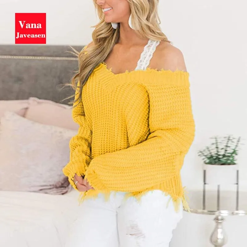 Vana Javeasen Off The Shoulder Autumn Sweater For Women Fringe Distressed Knitted Female Tops Long Sleeve Pullover Sweaters