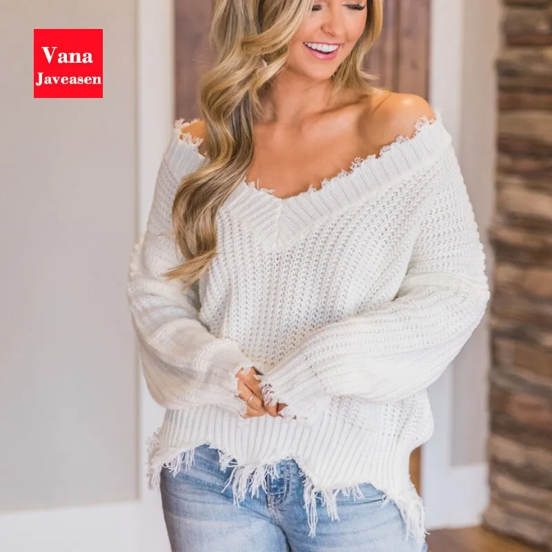 Vana Javeasen Off The Shoulder Autumn Sweater For Women Fringe Distressed Knitted Female Tops Long Sleeve Pullover Sweaters