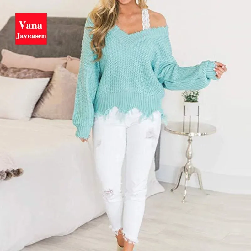 Vana Javeasen Off The Shoulder Autumn Sweater For Women Fringe Distressed Knitted Female Tops Long Sleeve Pullover Sweaters