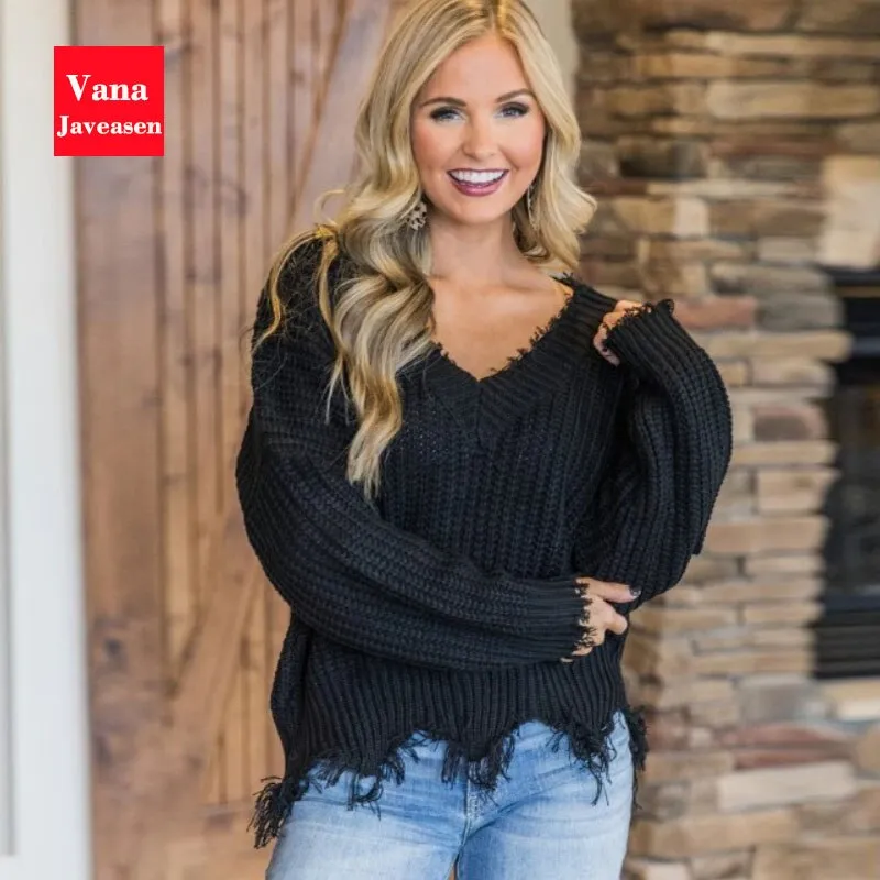 Vana Javeasen Off The Shoulder Autumn Sweater For Women Fringe Distressed Knitted Female Tops Long Sleeve Pullover Sweaters