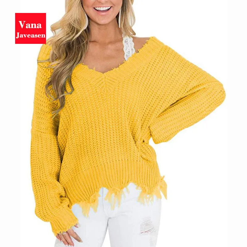 Vana Javeasen Off The Shoulder Autumn Sweater For Women Fringe Distressed Knitted Female Tops Long Sleeve Pullover Sweaters