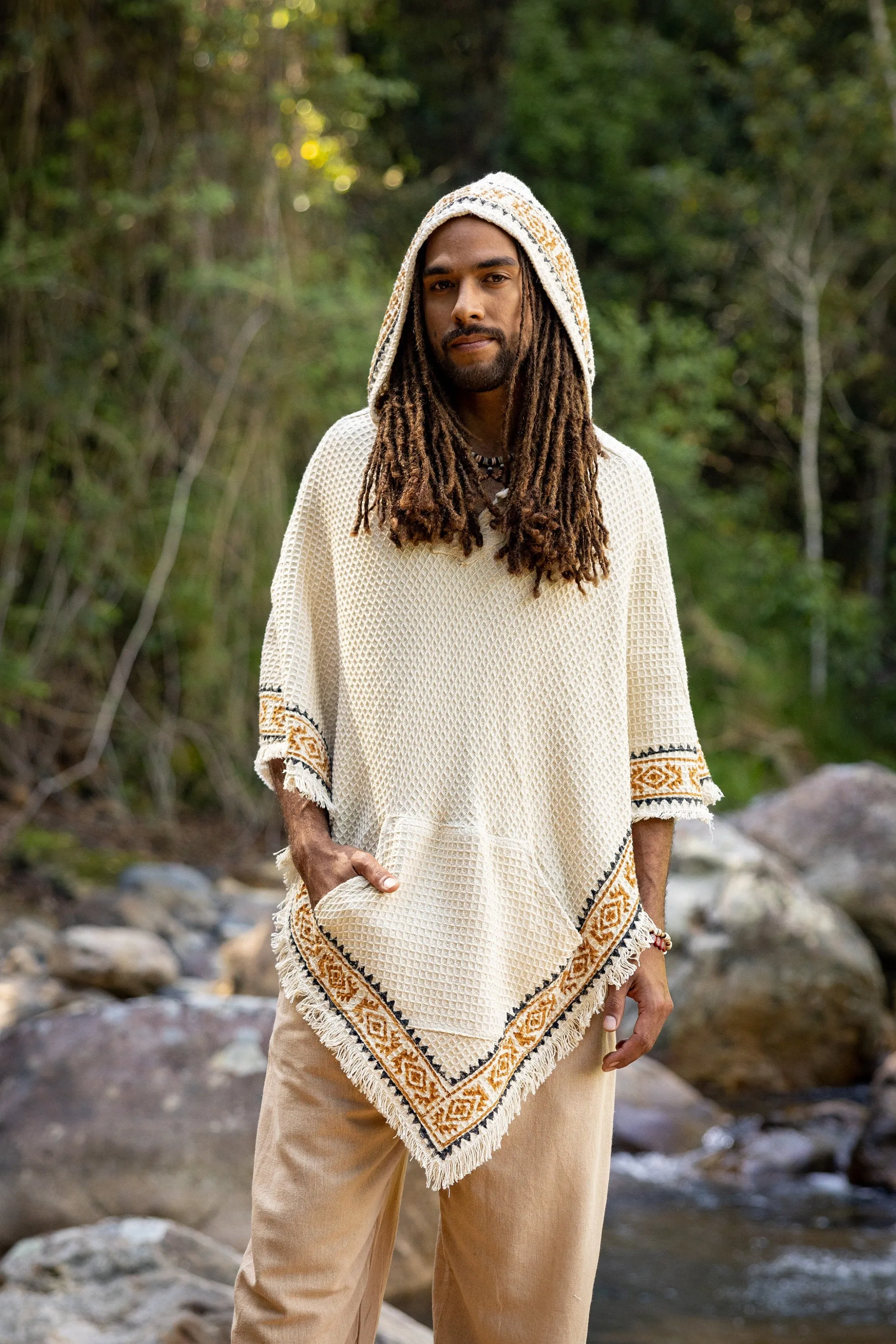 VECHO Poncho Beige Mens Hooded Vegan Textured Cotton with Hood Block Printed Tribal Pattern Gypsy Festival Boho ceremony ritual AJJAYA