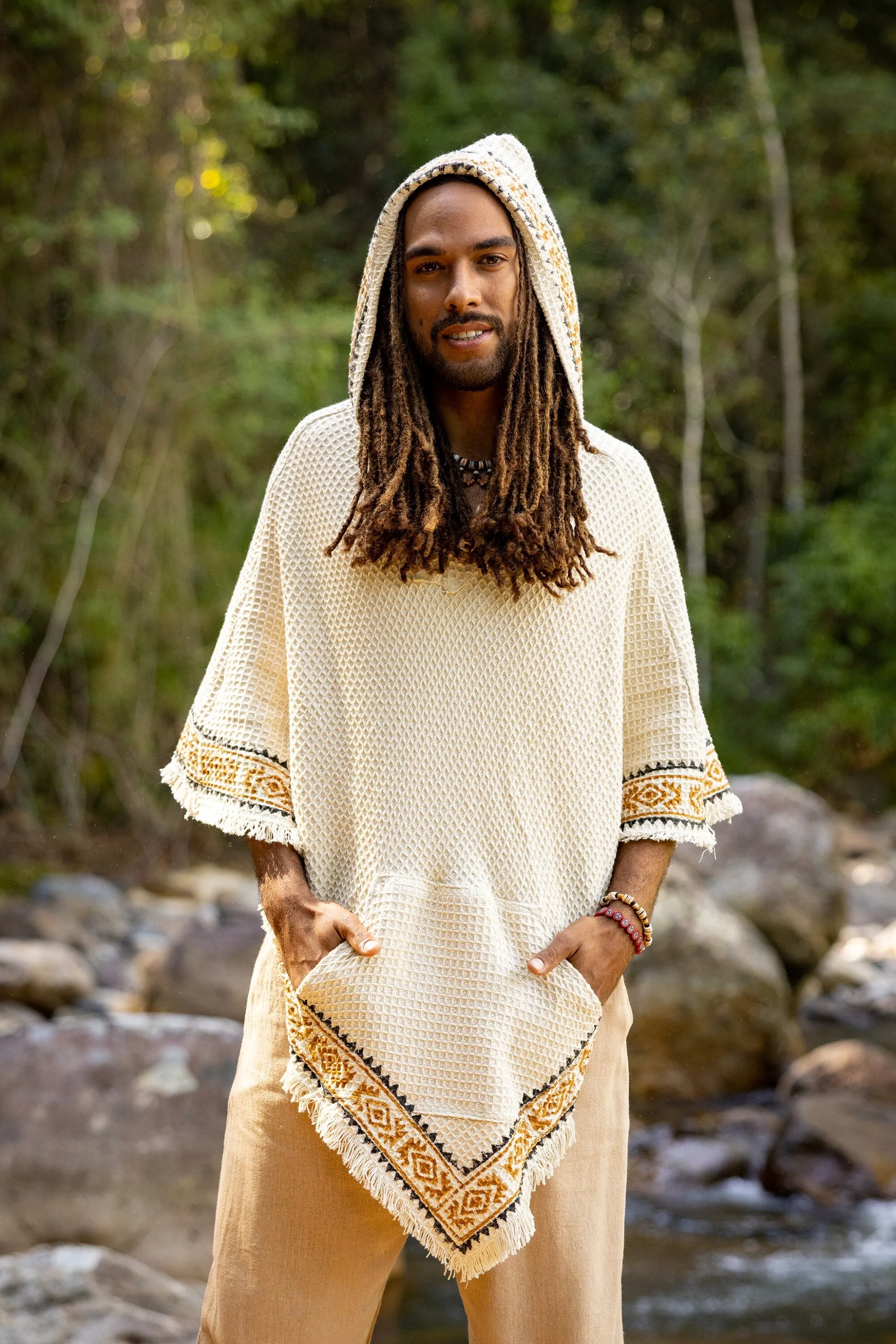 VECHO Poncho Beige Mens Hooded Vegan Textured Cotton with Hood Block Printed Tribal Pattern Gypsy Festival Boho ceremony ritual AJJAYA