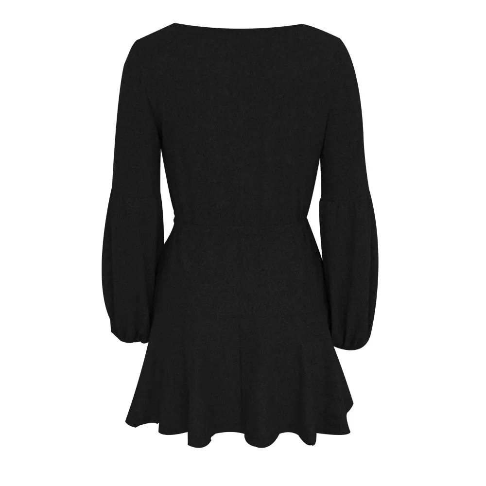 VenusFox V-Neck Ruffle Knitted Lace Up Short Casual Long Sleeve A-Line Sweater Dress