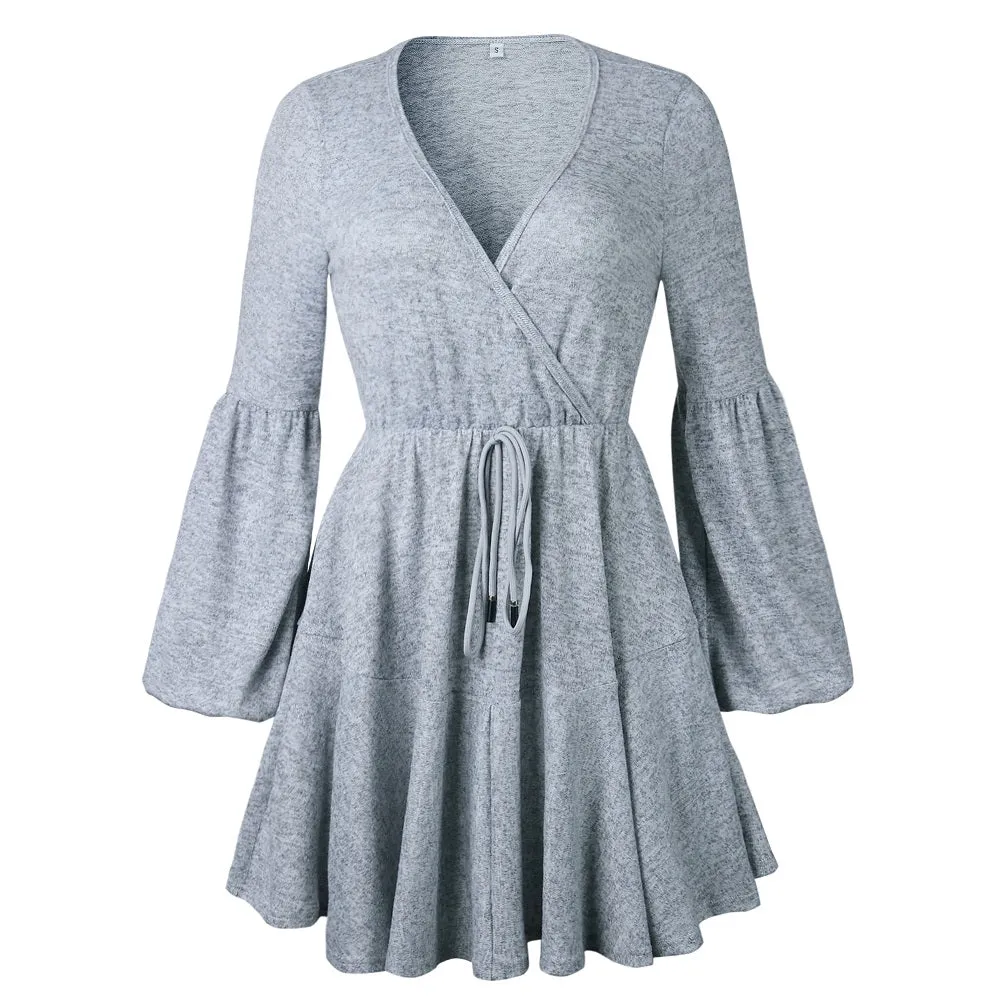 VenusFox V-Neck Ruffle Knitted Lace Up Short Casual Long Sleeve A-Line Sweater Dress