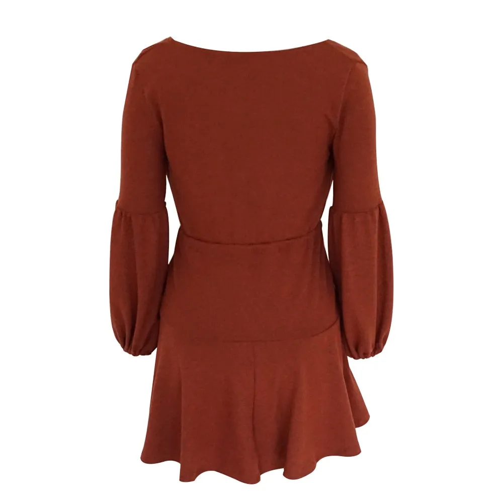 VenusFox V-Neck Ruffle Knitted Lace Up Short Casual Long Sleeve A-Line Sweater Dress