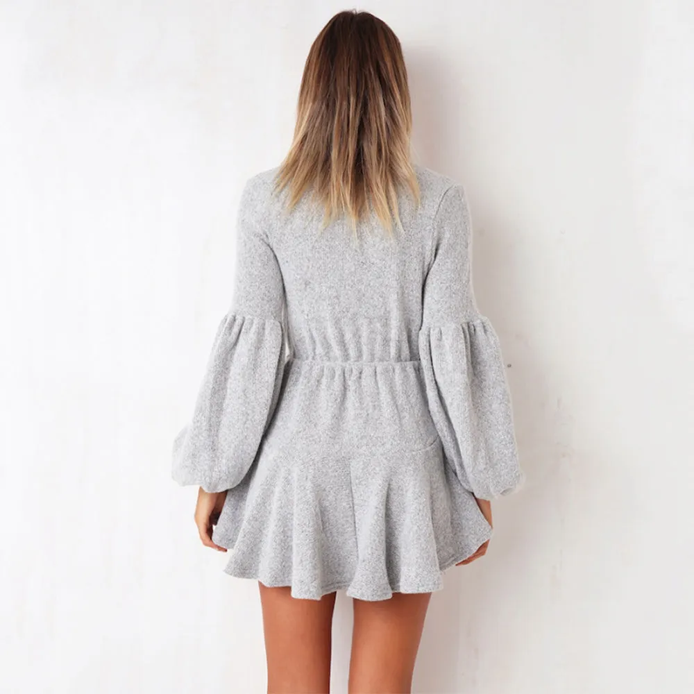 VenusFox V-Neck Ruffle Knitted Lace Up Short Casual Long Sleeve A-Line Sweater Dress