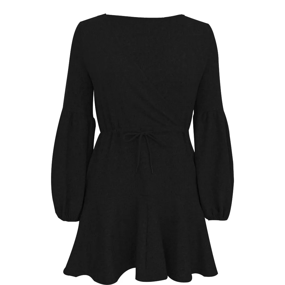 VenusFox V-Neck Ruffle Knitted Lace Up Short Casual Long Sleeve A-Line Sweater Dress