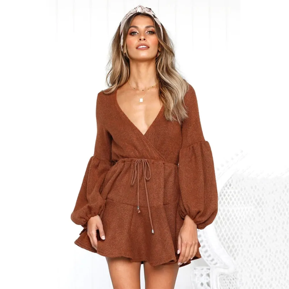 VenusFox V-Neck Ruffle Knitted Lace Up Short Casual Long Sleeve A-Line Sweater Dress