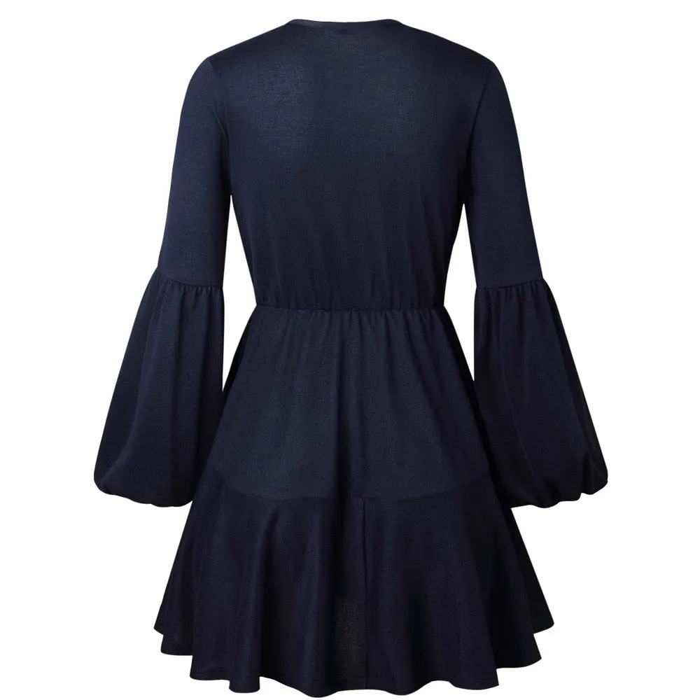 VenusFox V-Neck Ruffle Knitted Lace Up Short Casual Long Sleeve A-Line Sweater Dress