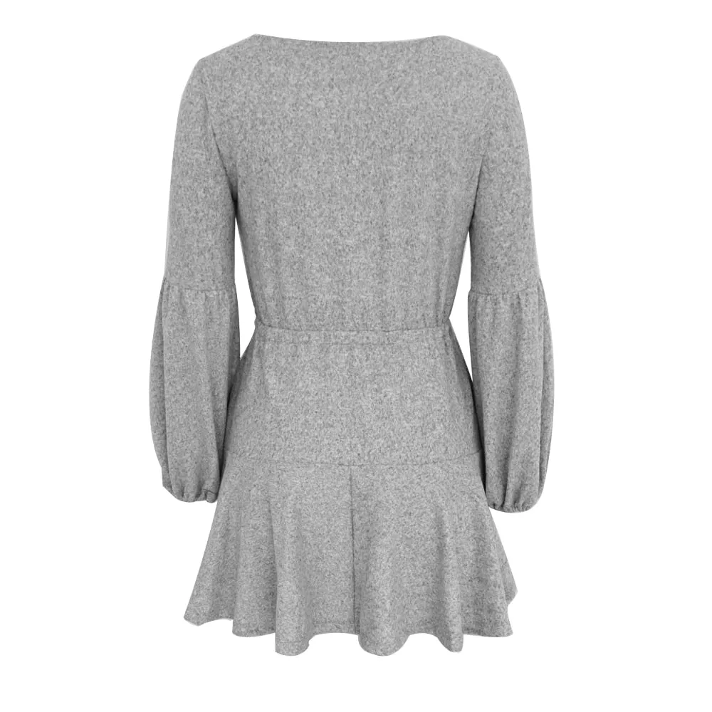 VenusFox V-Neck Ruffle Knitted Lace Up Short Casual Long Sleeve A-Line Sweater Dress