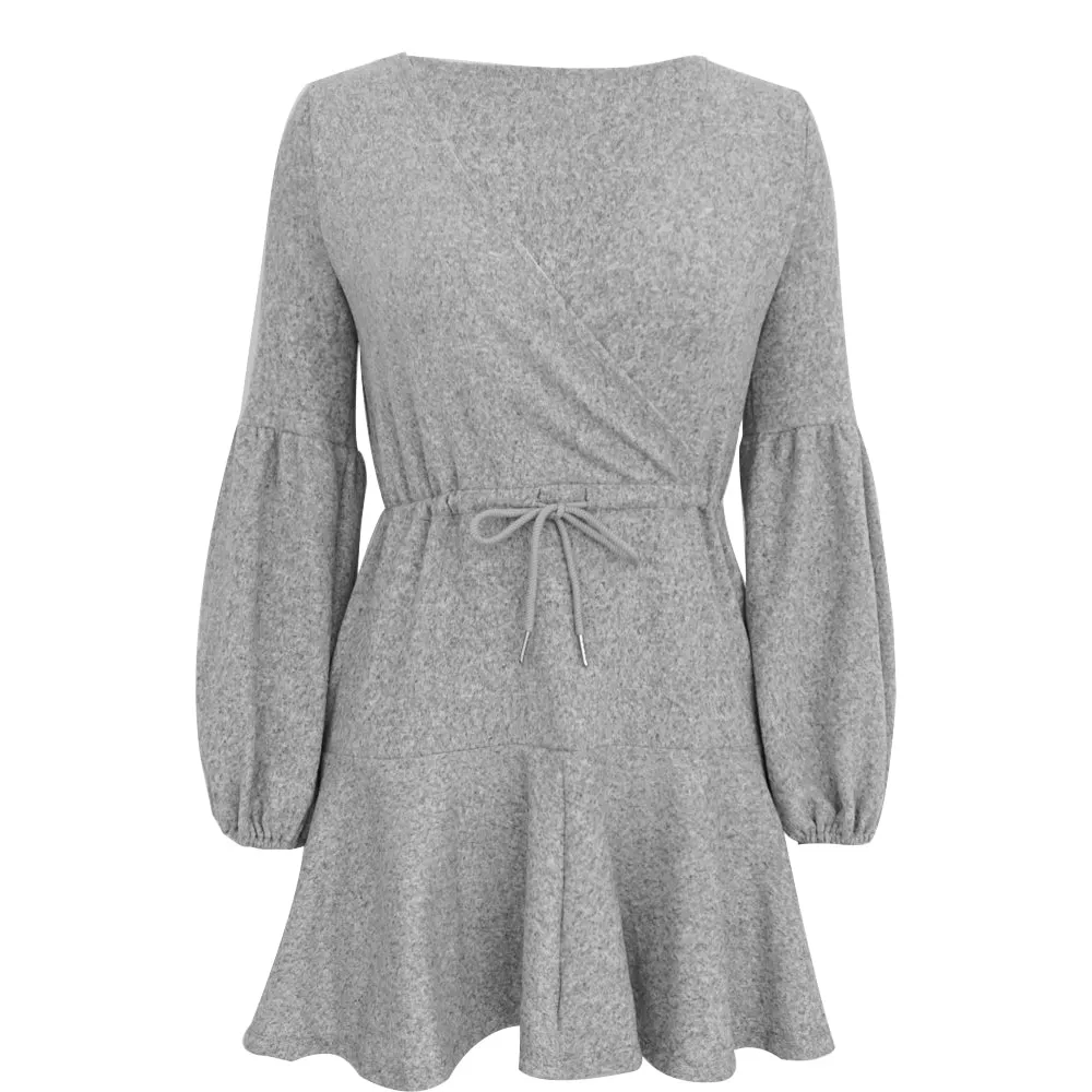 VenusFox V-Neck Ruffle Knitted Lace Up Short Casual Long Sleeve A-Line Sweater Dress