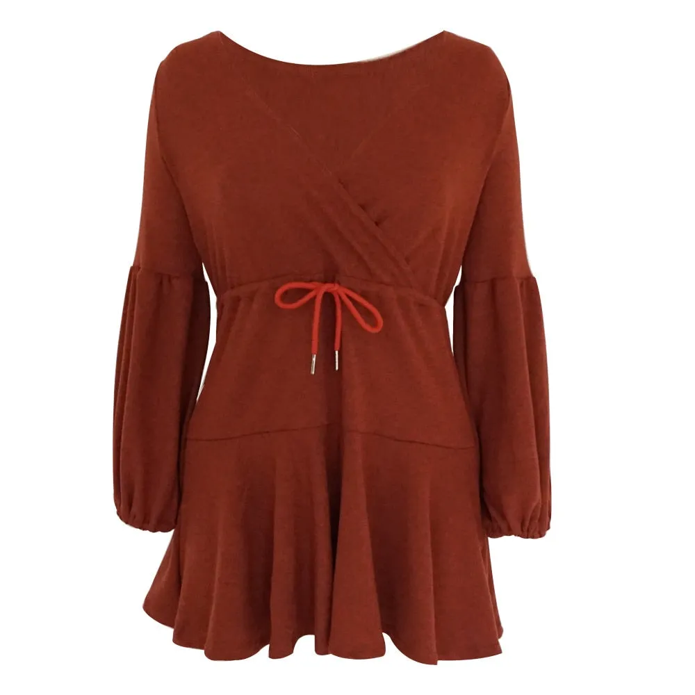 VenusFox V-Neck Ruffle Knitted Lace Up Short Casual Long Sleeve A-Line Sweater Dress