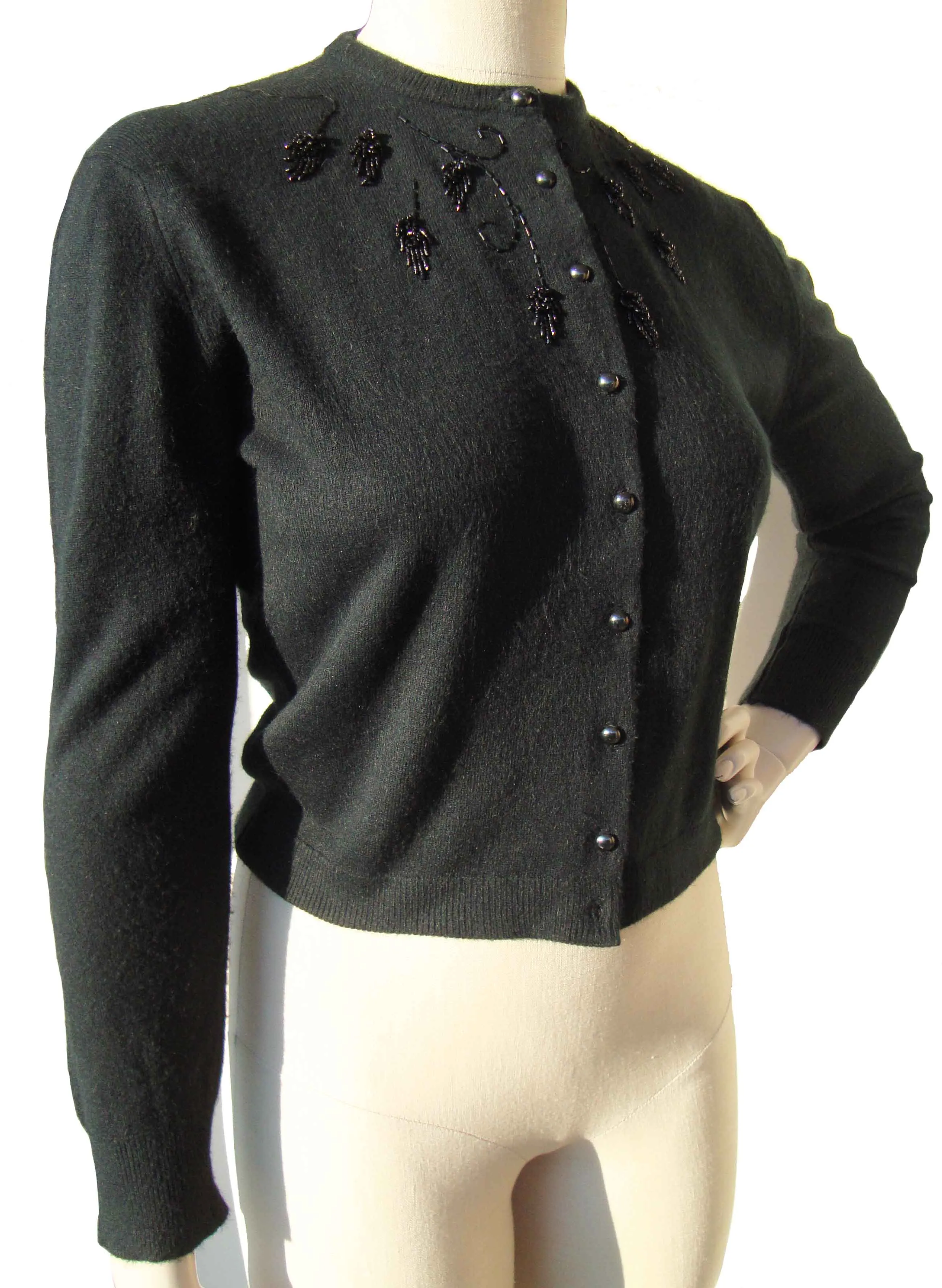 Vintage 70s Sweater Anne Klein Beaded Black Cardigan M