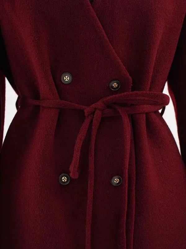 Wenkouban-Winter outfits Christmas Black Friday Wine Red V-Neck Double Breasted Wool Blend Coat with Belt