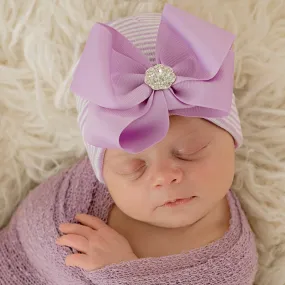 White and Purple Striped Newborn Baby Girl Hospital Beanie Hat with Purple Bella Bow and Rhinestone, Newborn Hat Infant Hat