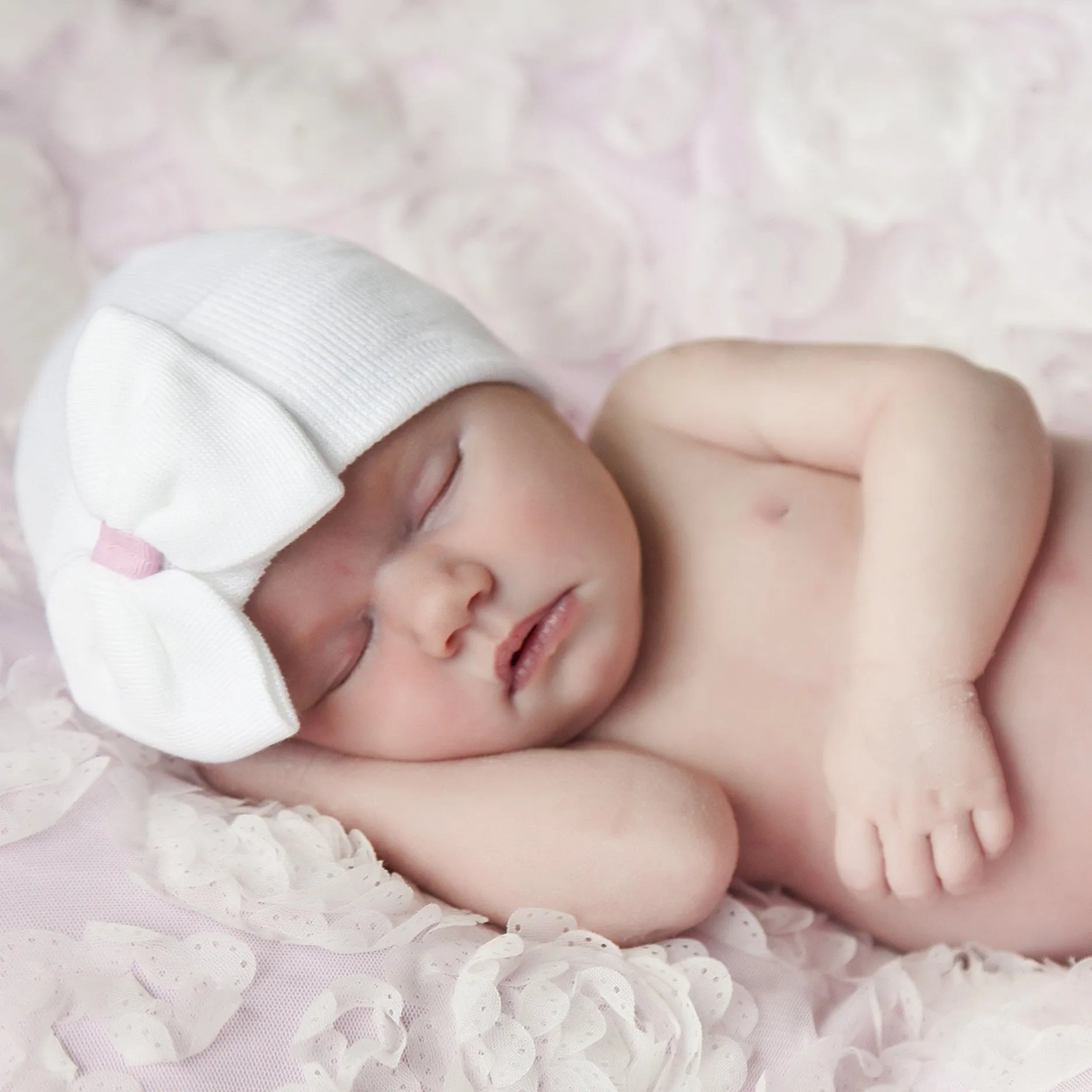 White Big Bow with Pink Ribbon Newborn Hospital Hat Infant Hat Newborn Hat