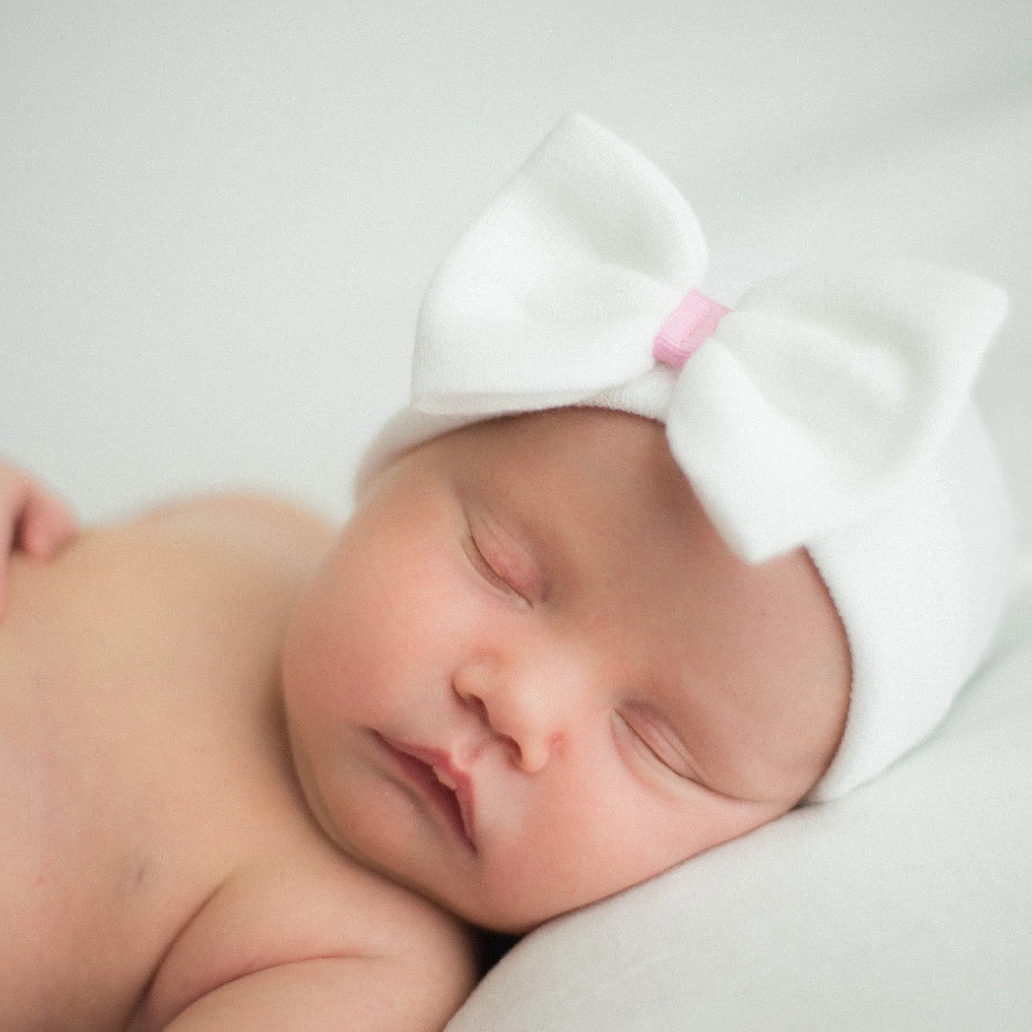 White Big Bow with Pink Ribbon Newborn Hospital Hat Infant Hat Newborn Hat