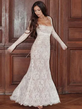 White Lace Long Autumn Winter Slim Bodycon Nightclub Sexy Party Maxi Dress