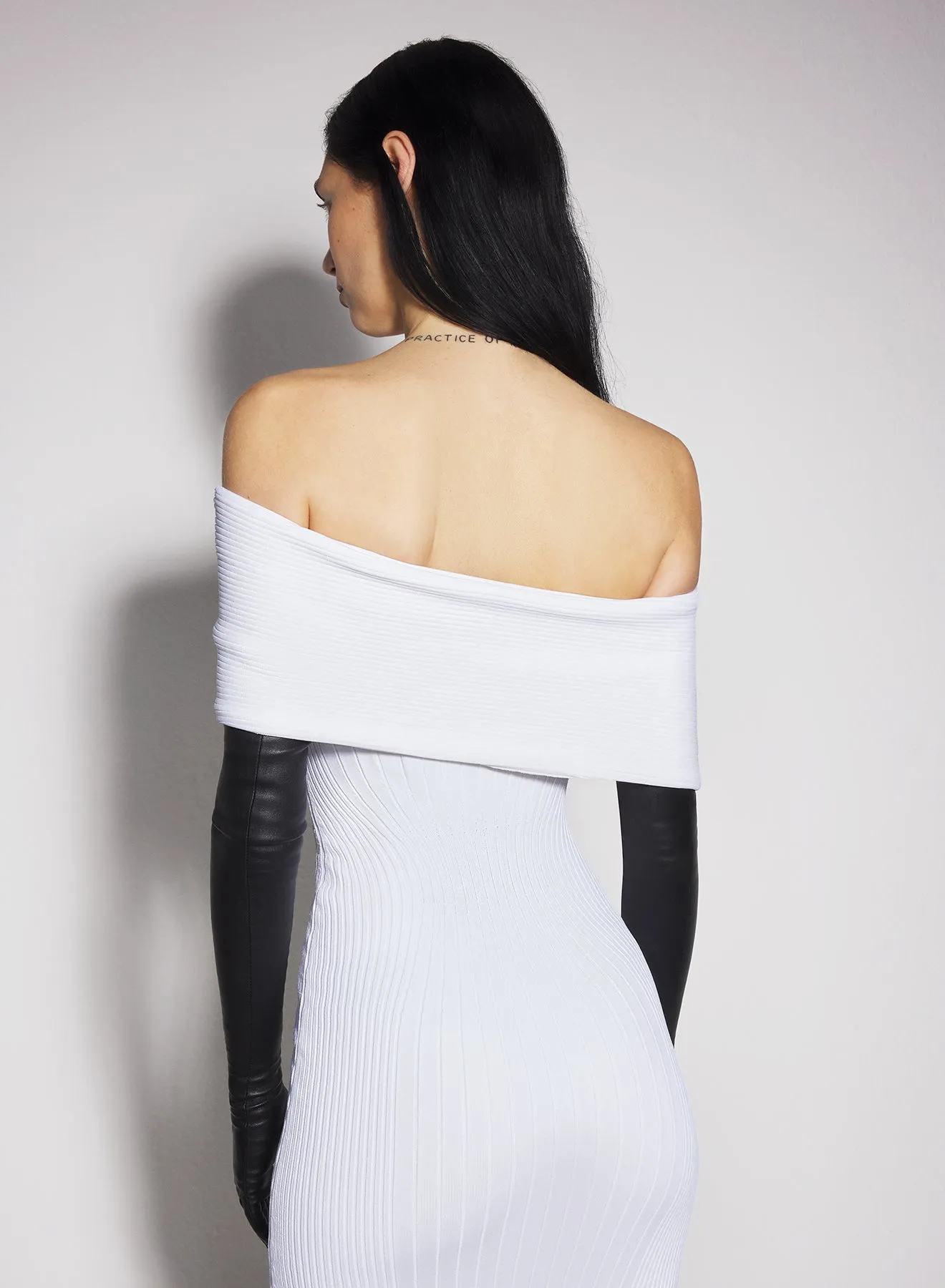 white off-shoulder sculpting knit dress