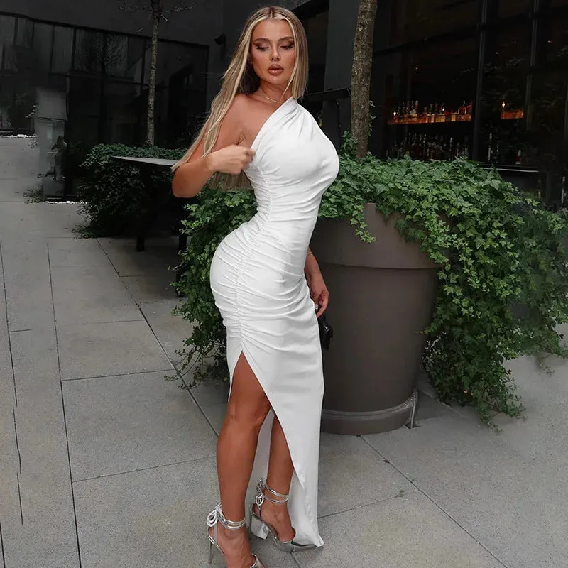 White Ruched One Shoulder Short Sleeve Bodycon Maxi Dress