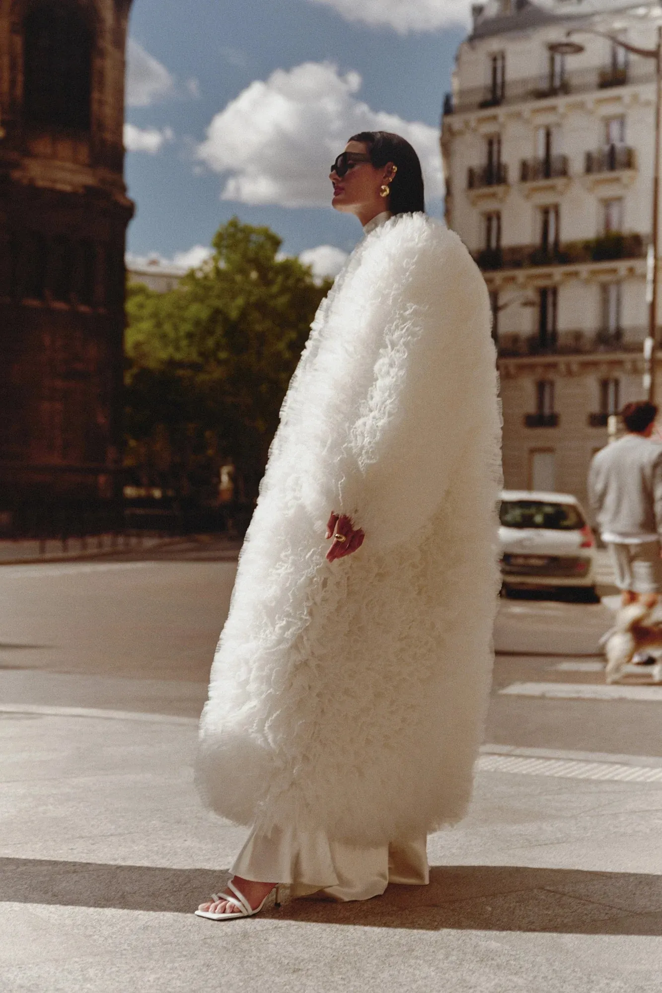 White Ruffled Tulle Maxi Coat