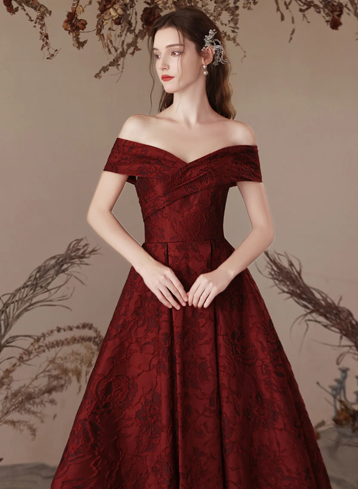 Wine Red Sweetheart A-line Simple Prom Dress, Wine Red Off Shoulder Evening Dress