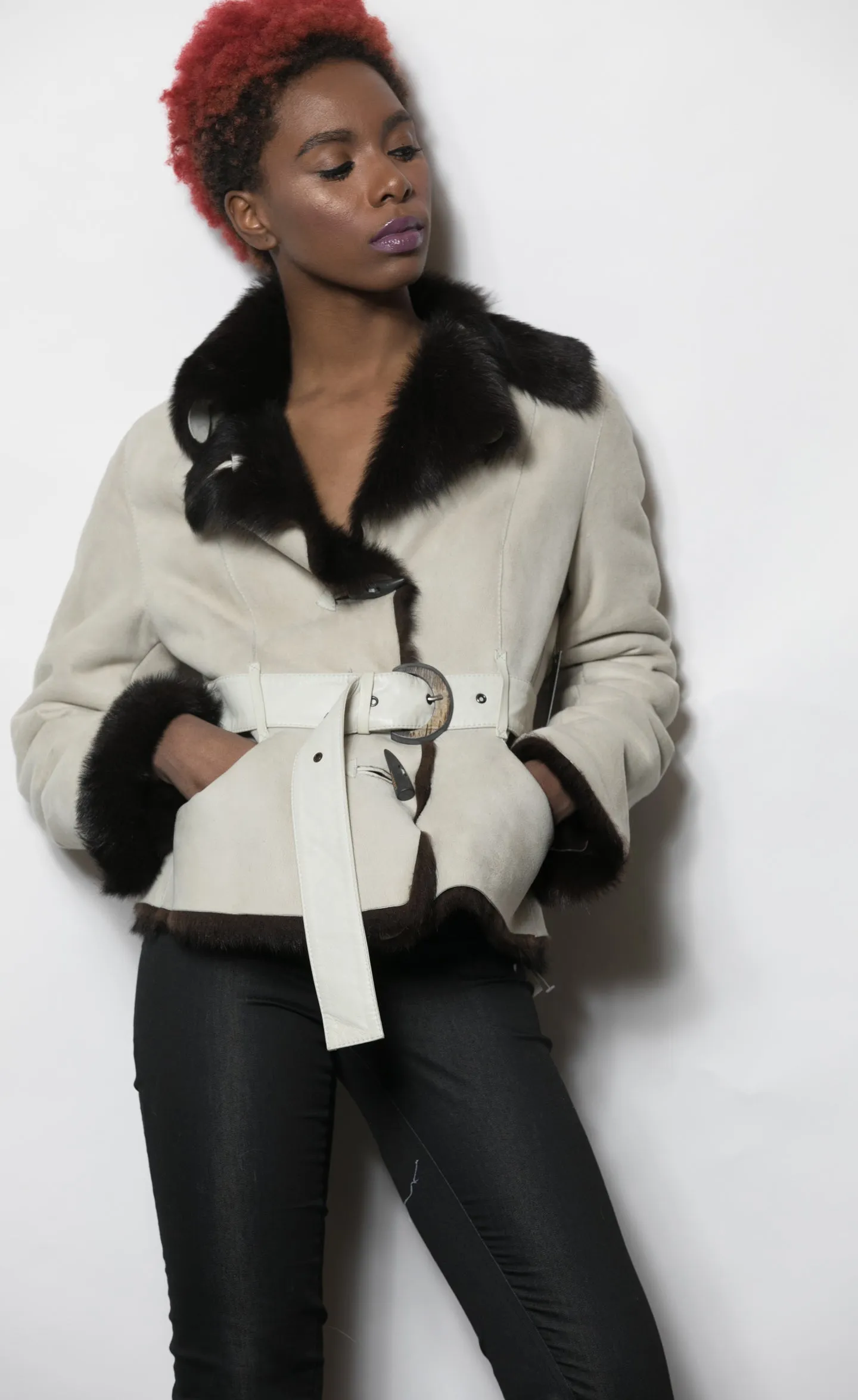 Winter White Shearling Jacket with Chocolate Collar