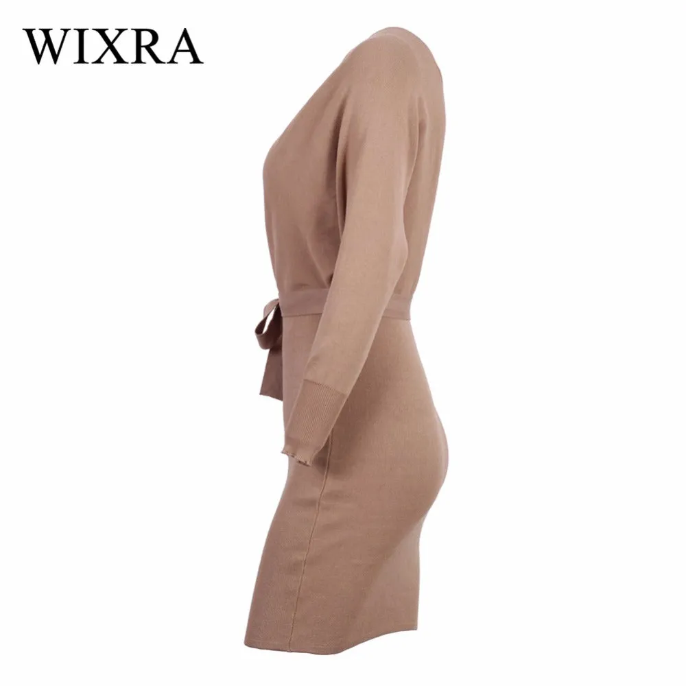 Wixra Autumn Winter Womens Fashion Sexy Cross V-Neck Mini Dresses Female Batwing Long Sleeve Sash Knitted Sweater Dress