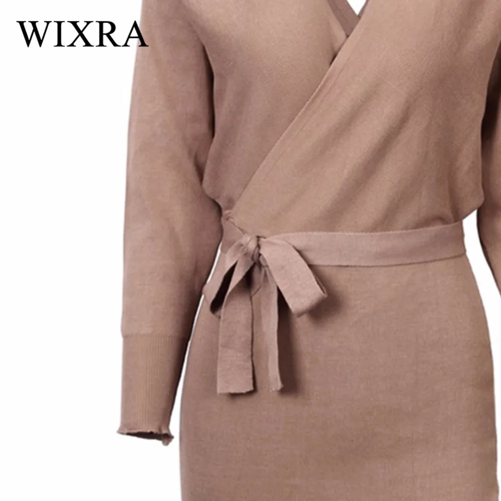 Wixra Autumn Winter Womens Fashion Sexy Cross V-Neck Mini Dresses Female Batwing Long Sleeve Sash Knitted Sweater Dress