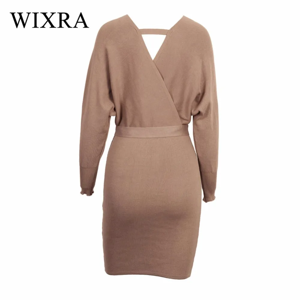 Wixra Autumn Winter Womens Fashion Sexy Cross V-Neck Mini Dresses Female Batwing Long Sleeve Sash Knitted Sweater Dress