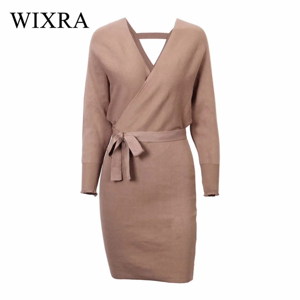 Wixra Autumn Winter Womens Fashion Sexy Cross V-Neck Mini Dresses Female Batwing Long Sleeve Sash Knitted Sweater Dress