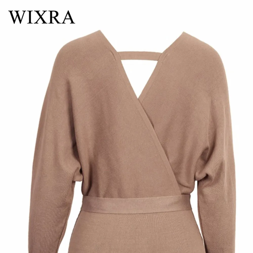 Wixra Autumn Winter Womens Fashion Sexy Cross V-Neck Mini Dresses Female Batwing Long Sleeve Sash Knitted Sweater Dress