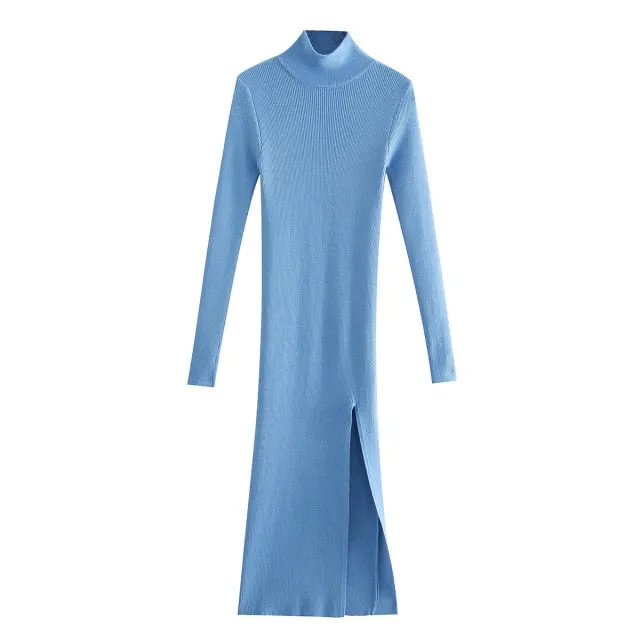 Wjczt 2022Dress Women Long Sleeves High-Neck Elastic Midi Dress Fashion Elegant Chic Lady Knit Sweater Dresses Women robe femme